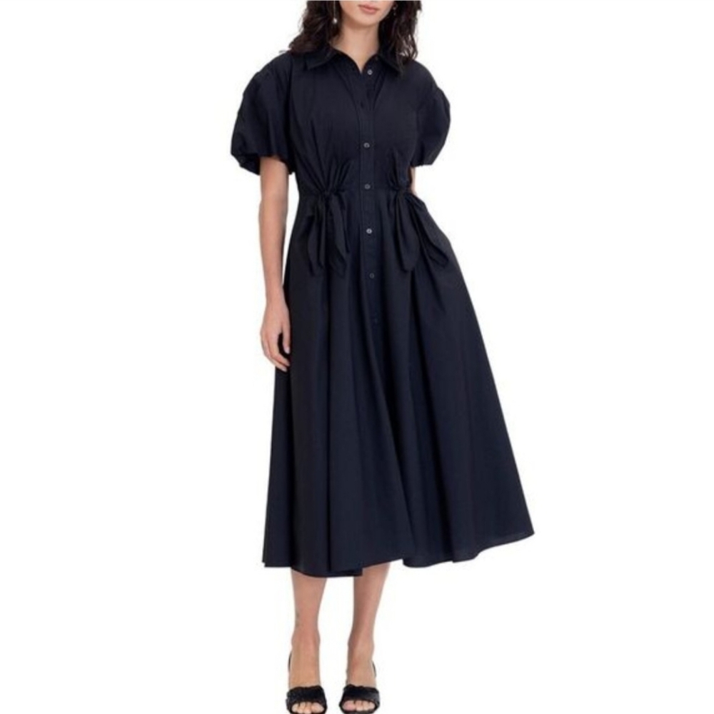 TANYA TAYLOR Elza Navy Blue Poplin Cotton Puff Sleeve Midi Shirt Dress Womens 14